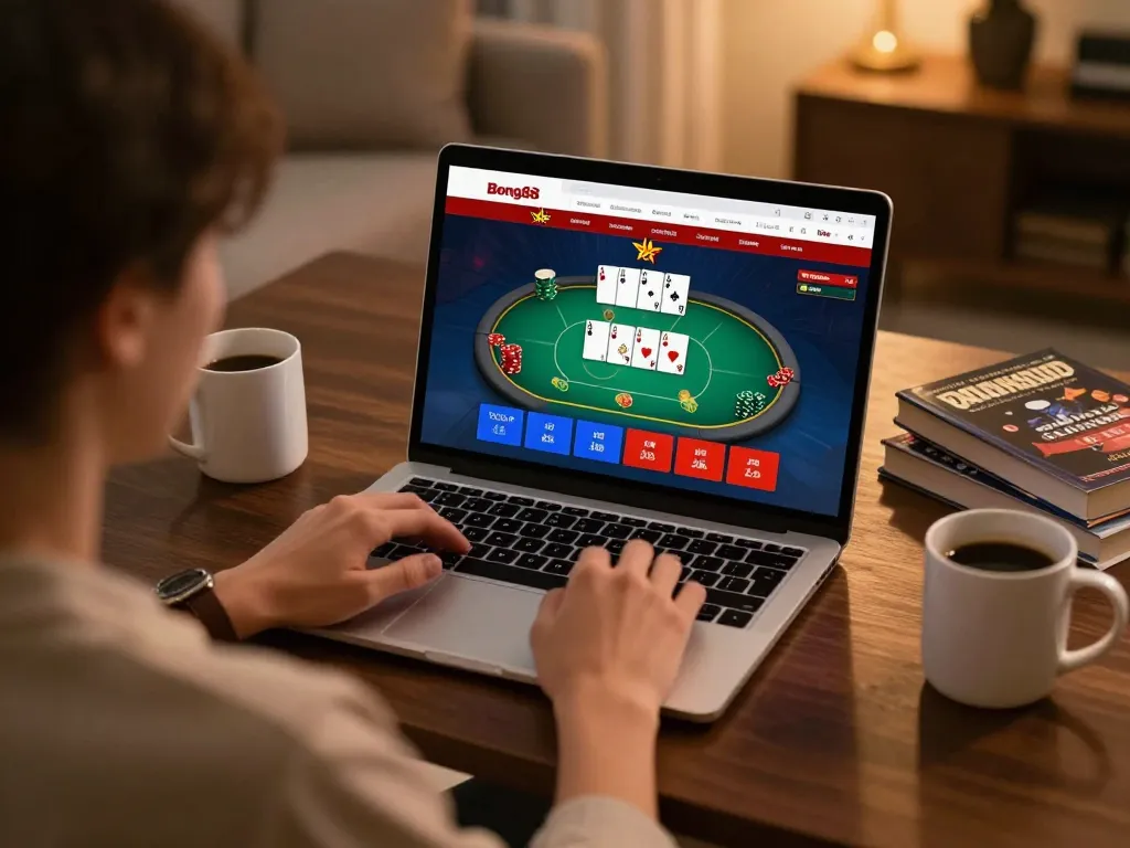 Bong88 user engaging in online poker gameplay with strategy books and warm lighting