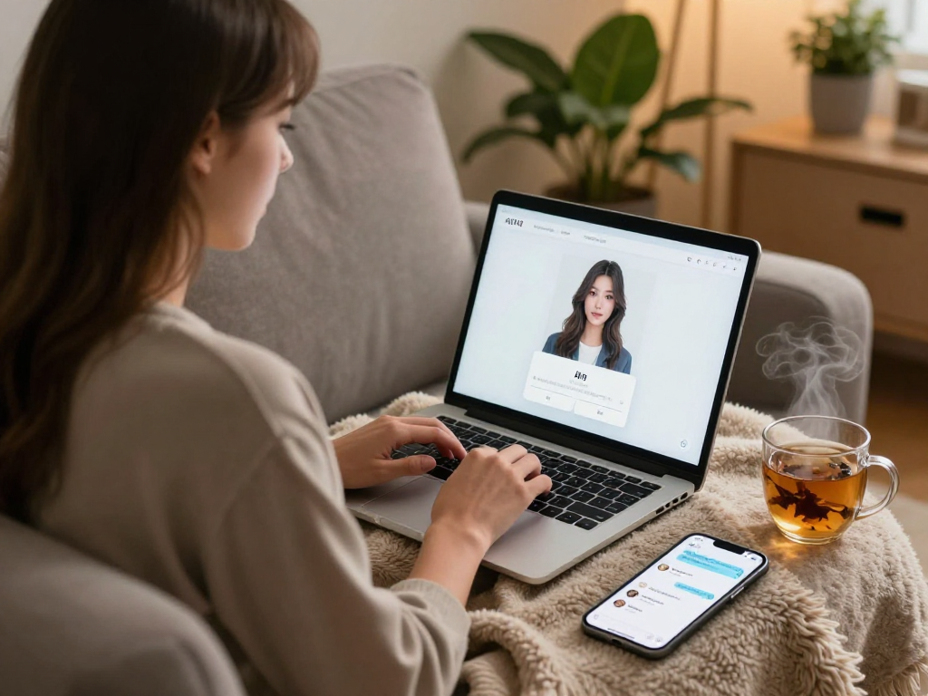 Young woman using AI girlfriend app on laptop in cozy home office