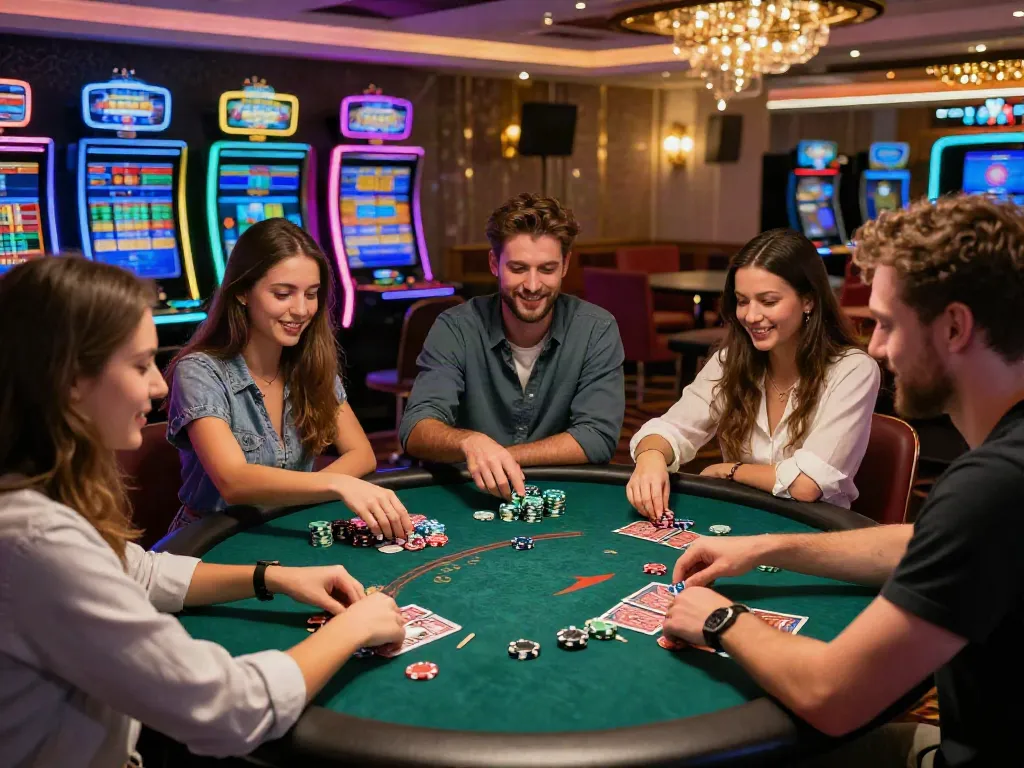Friends celebrating at a non GamStop casino table with colorful chips and cards.