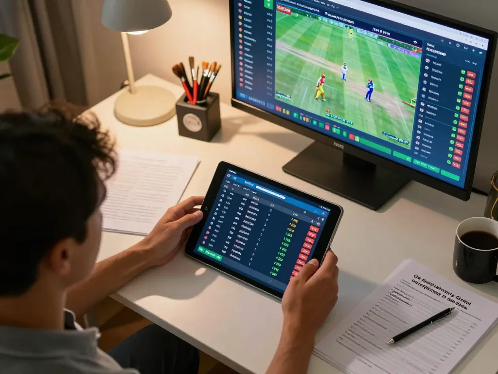 Engaging in sports betting on a tablet while analyzing 7m odds in a cozy home setting.