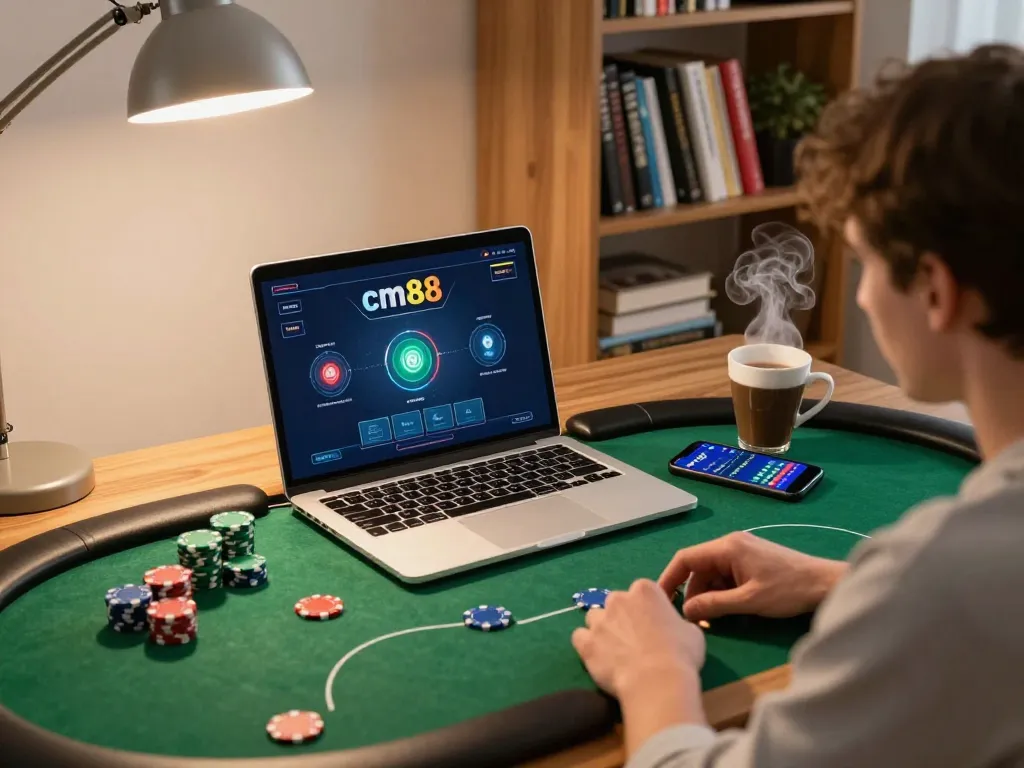 Person playing online poker on cm88 with laptop and smartphone, chips scattered on table.