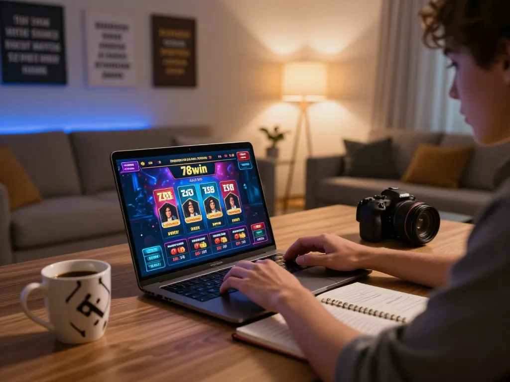 Player engaged with 78win casino on a stylish laptop, showcasing a comfortable gaming setup.