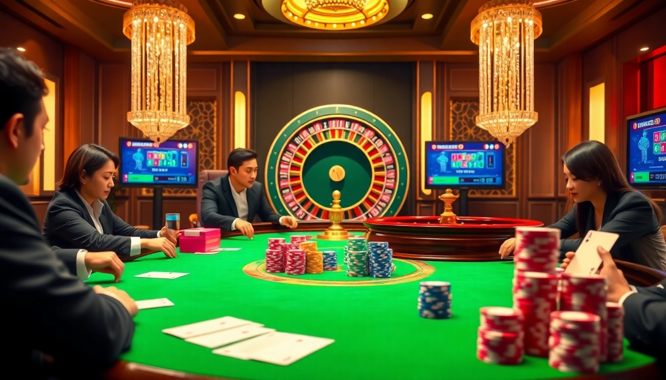 Experience the excitement of winning at Luckywin's luxurious casino table with vibrant poker chips and a spinning roulette wheel.