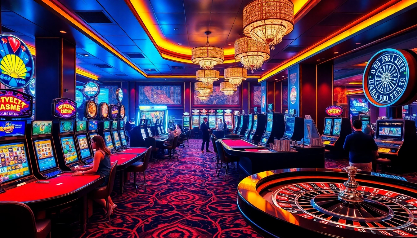 Experience the excitement of 69vn casino with players at poker tables and vibrant slot machines.