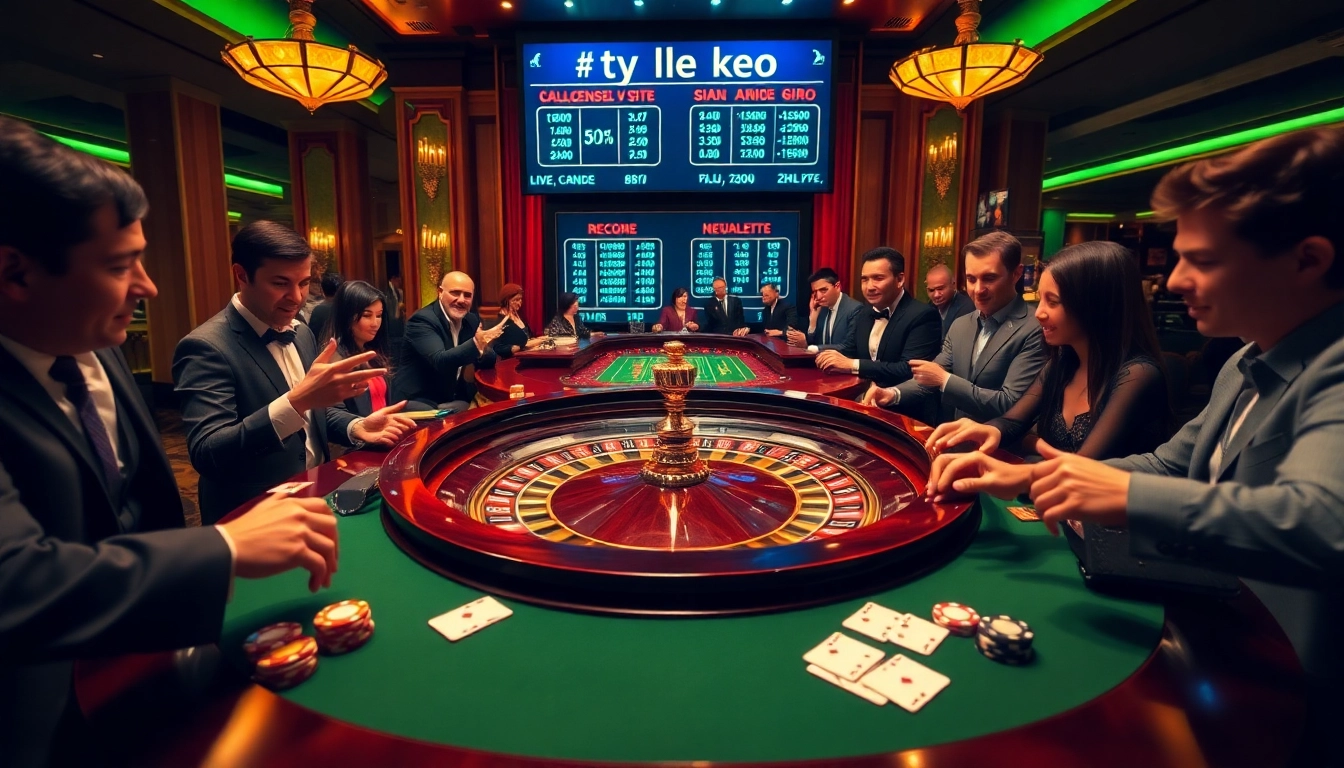 Engaging gamblers at a roulette table analyzing ty le keo in an upscale casino setting.