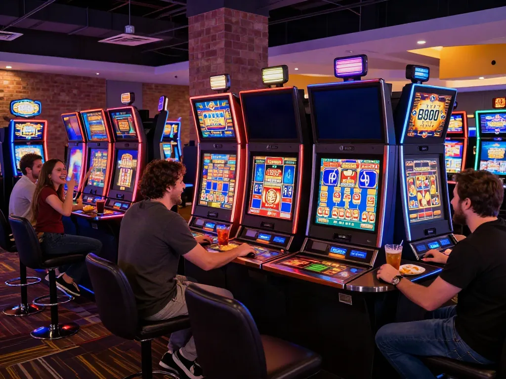 Vibrant non Gamstop casino scene with engaged players and colorful lighting.
