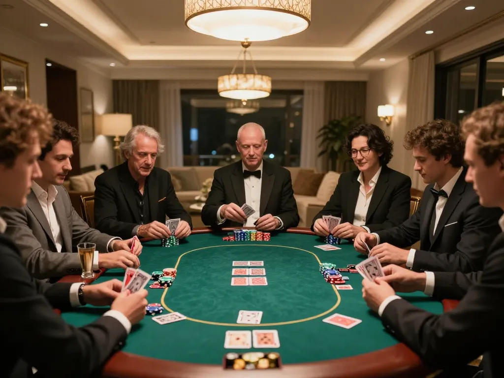 Poker players enjoy a thrilling qq88 game night, with vibrant chips and drinks enhancing the social atmosphere