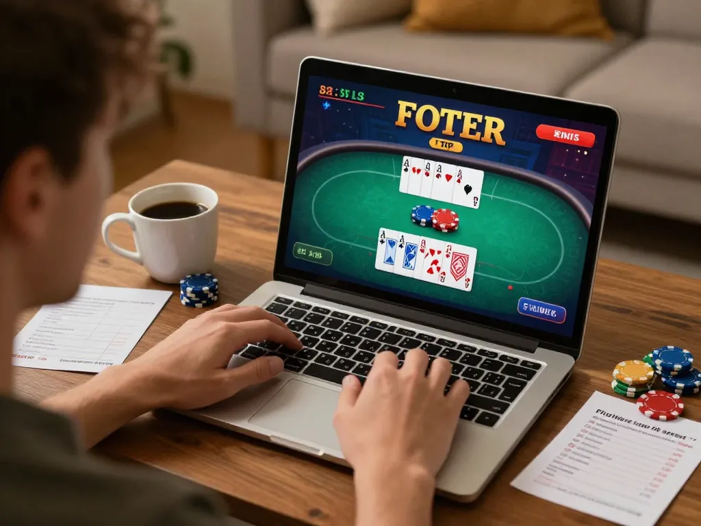 Player engaging in online poker on fly88, showcasing chips and card interface in a cozy home setting.