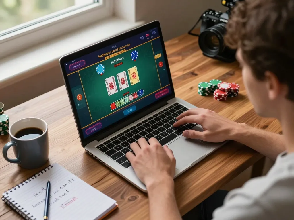 Player engaging with dt68 online casino game interface, showcasing chips and dealer actions on laptop.