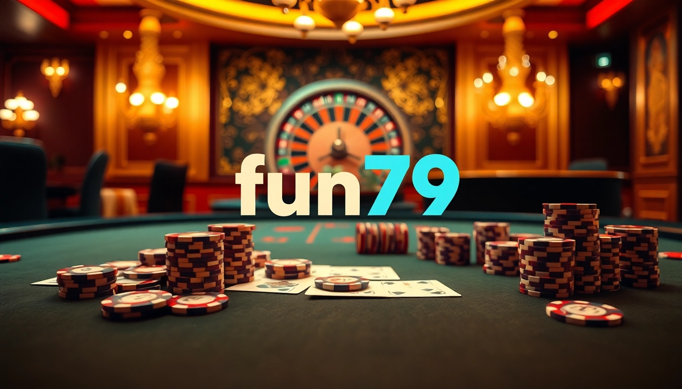 Experience the thrill of fun79 gaming with vibrant poker chips and a roulette wheel in an elegant casino setting.