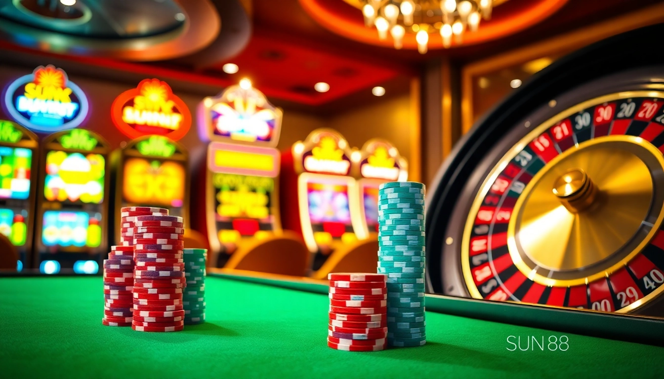 Experience the excitement of Sun88 with vibrant casino tables, poker chips, and slot machines.