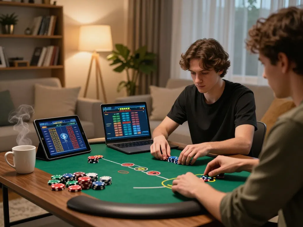 Player enjoying online poker on KUWIN at home with vibrant chips and warm ambiance.