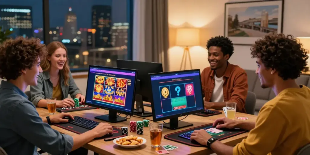 Excited friends enjoying games at a non Gamstop casino in a cozy living room.