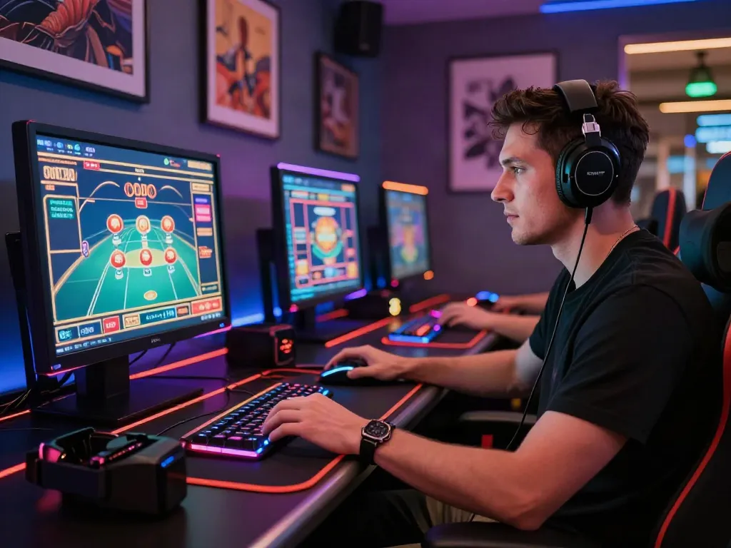 Player engaging in a non gamstop casino experience with vibrant colors and modern gaming setup