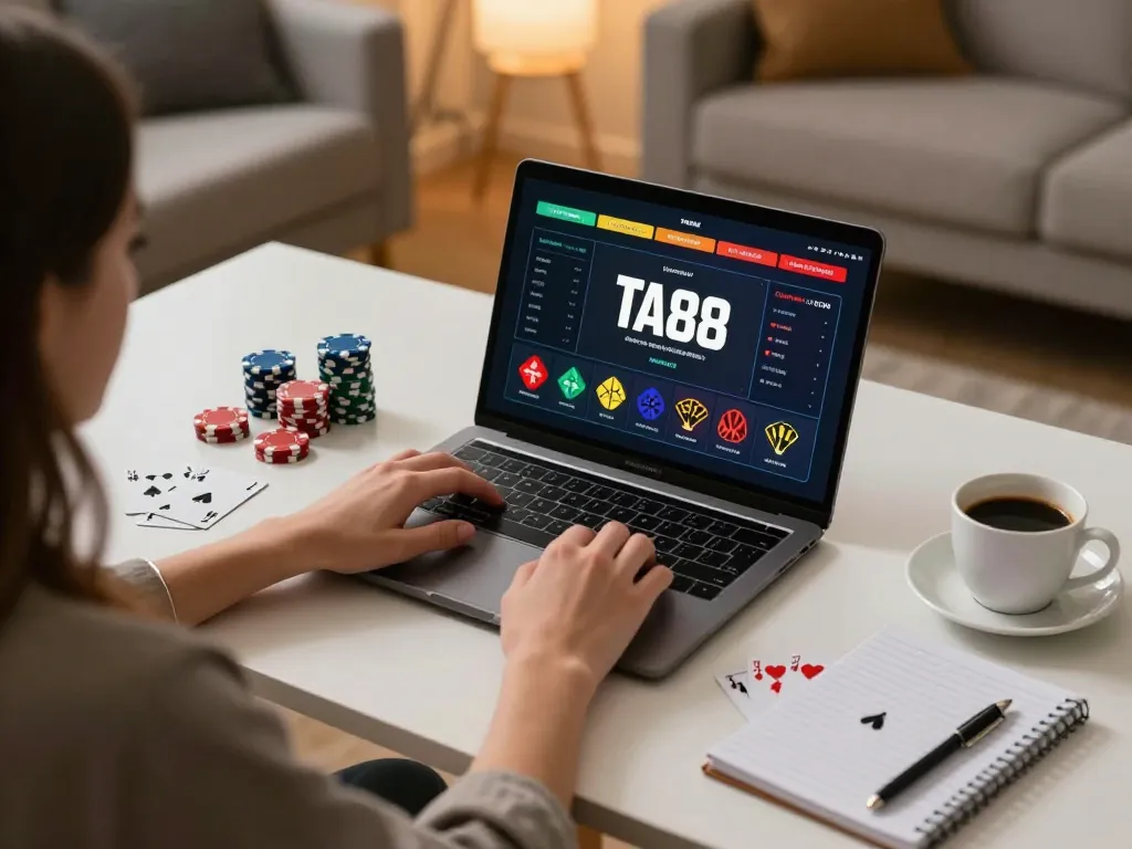 Playing online poker at TA88 on a laptop in a stylish home setup with warm lighting