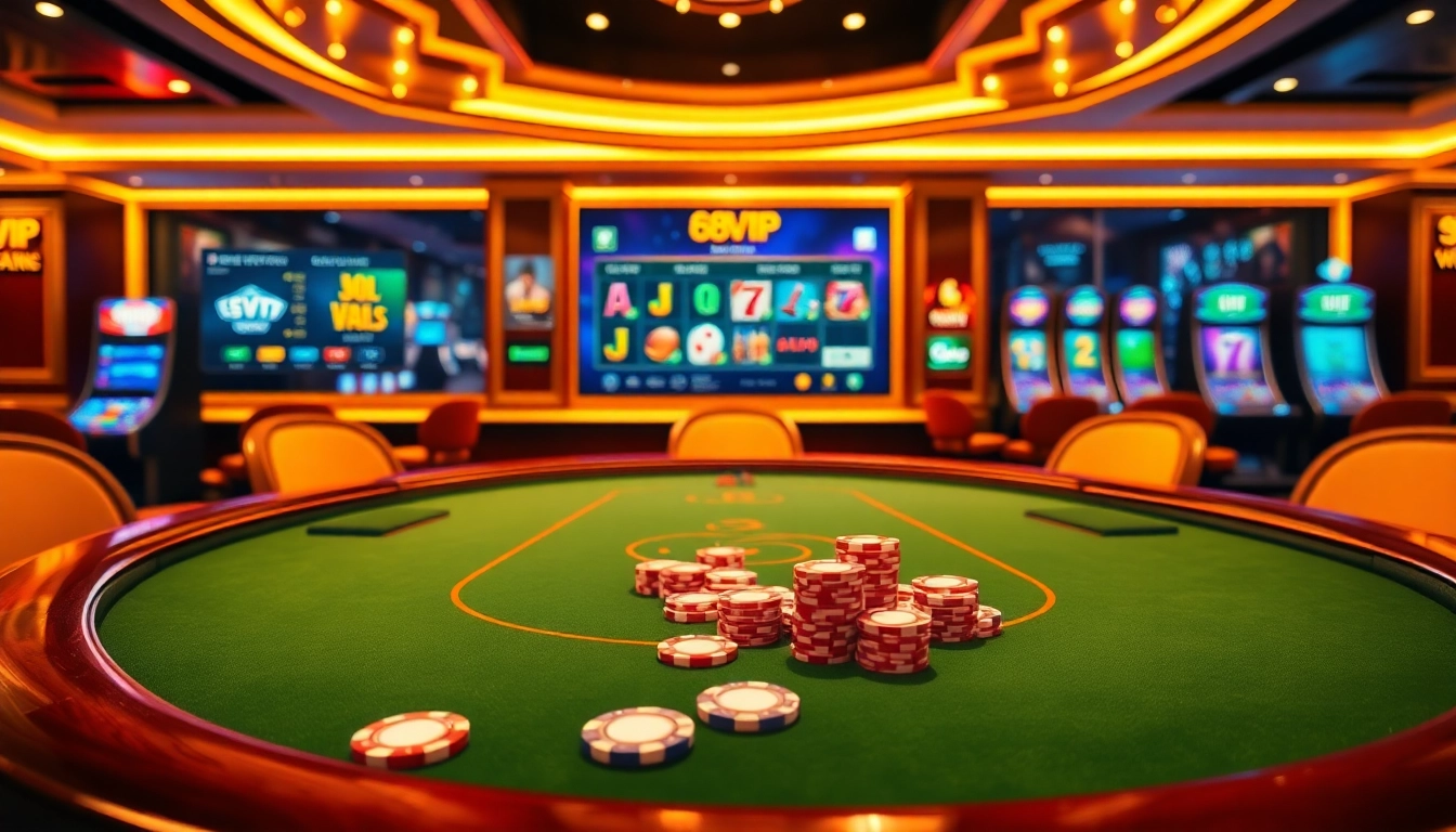 Experience the thrill of 68VIP's modern casino gaming with vibrant poker chips and digital interfaces.