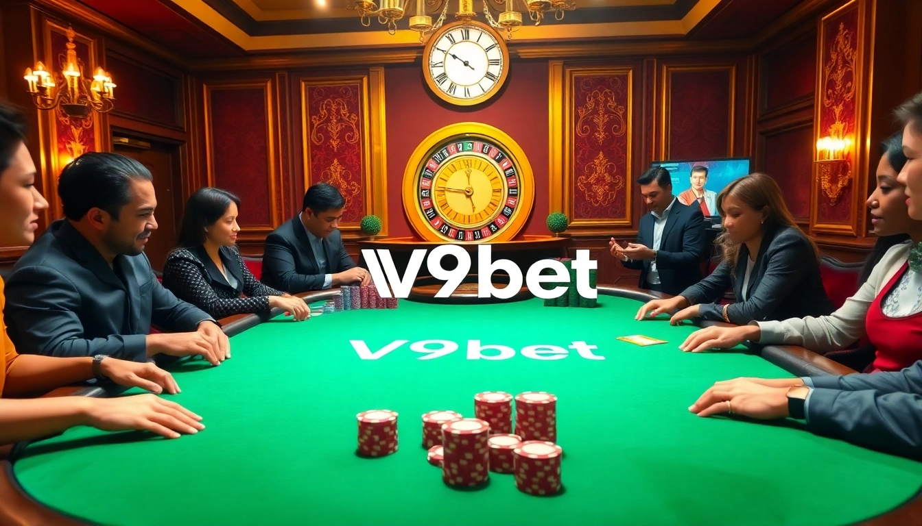 V9bet players enjoying thrilling poker action at a luxurious casino table with chips and a roulette wheel.
