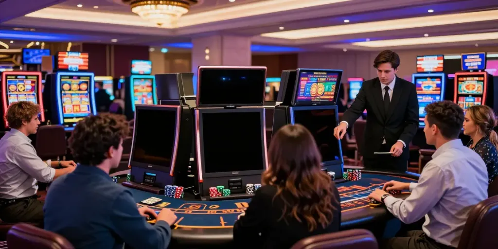 Players enjoying games at a non Gamstop casino with vibrant screens, lively atmosphere, and modern decor.