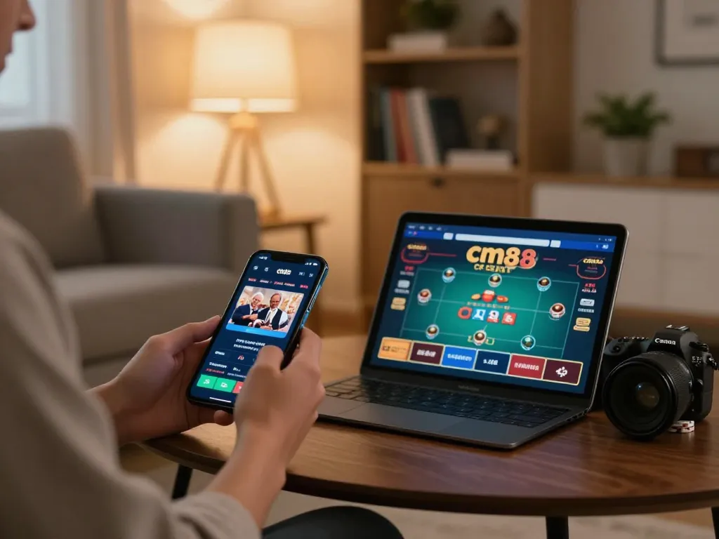 Engaging in the cm88 casino app on smartphone while enjoying a cozy gaming experience at home.