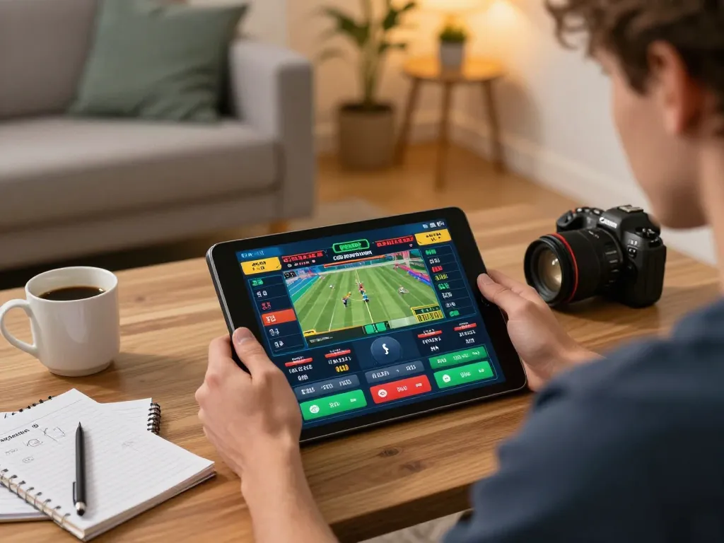 Player engages with Thabet sports betting app on tablet, focusing on live stats and betting.