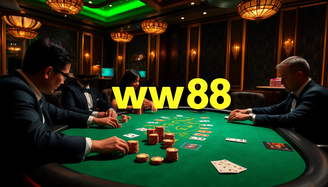 Engaging poker game scene with players, cards, and chips showcasing ww88 online gambling excitement.
