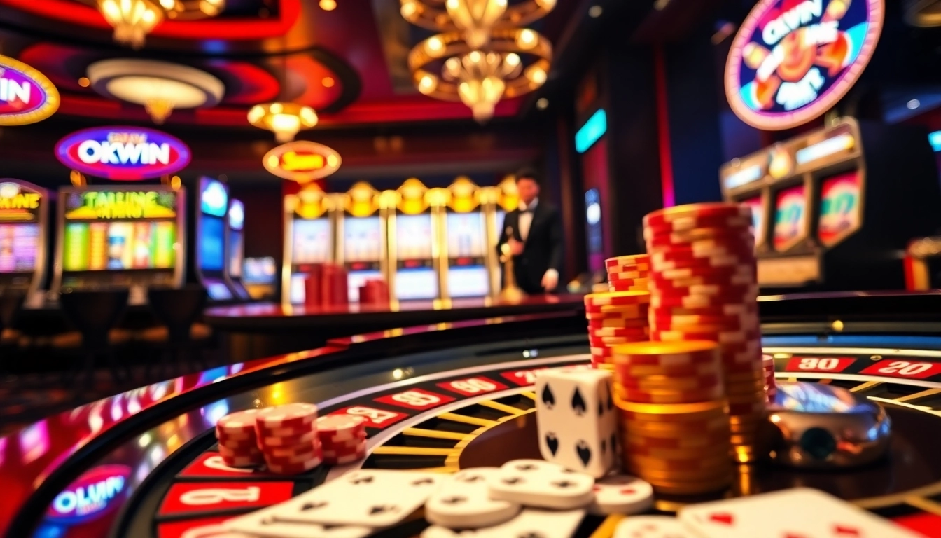 Experience breathtaking gambling action at okwin's luxurious casino tables with vibrant slot machines.