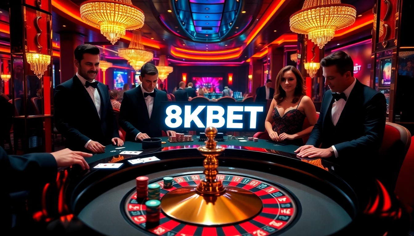 Exciting roulette table scene at 8KBET casino, showcasing luxury and vibrant gambling atmosphere.