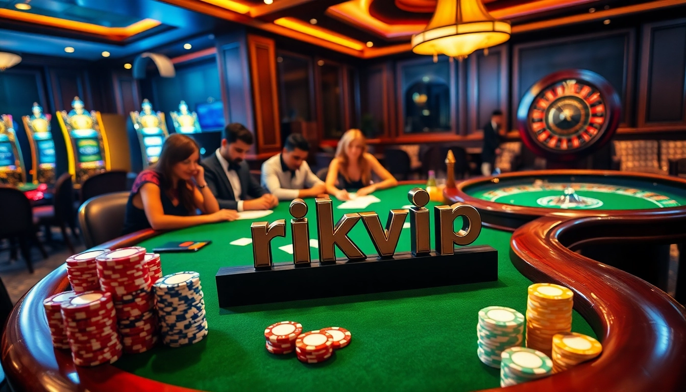 High-stakes poker with rikvip branding and vibrant casino elements.