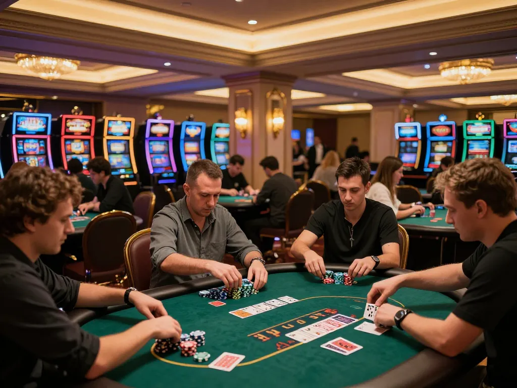 Experience thrilling gameplay at 789WIN's vibrant casino floor with players engaged in blackjack and poker