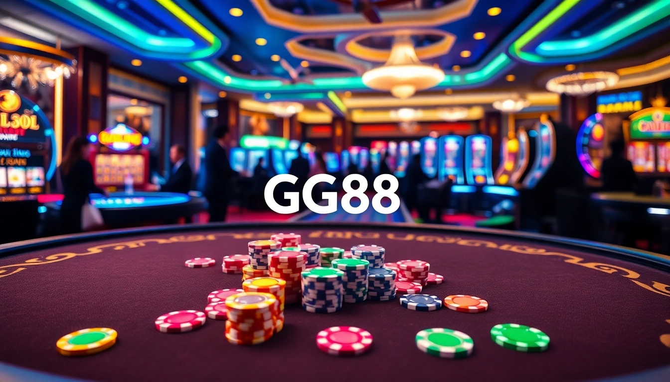 Win big with GG88 at an upscale casino featuring vibrant gaming tables and excited players.