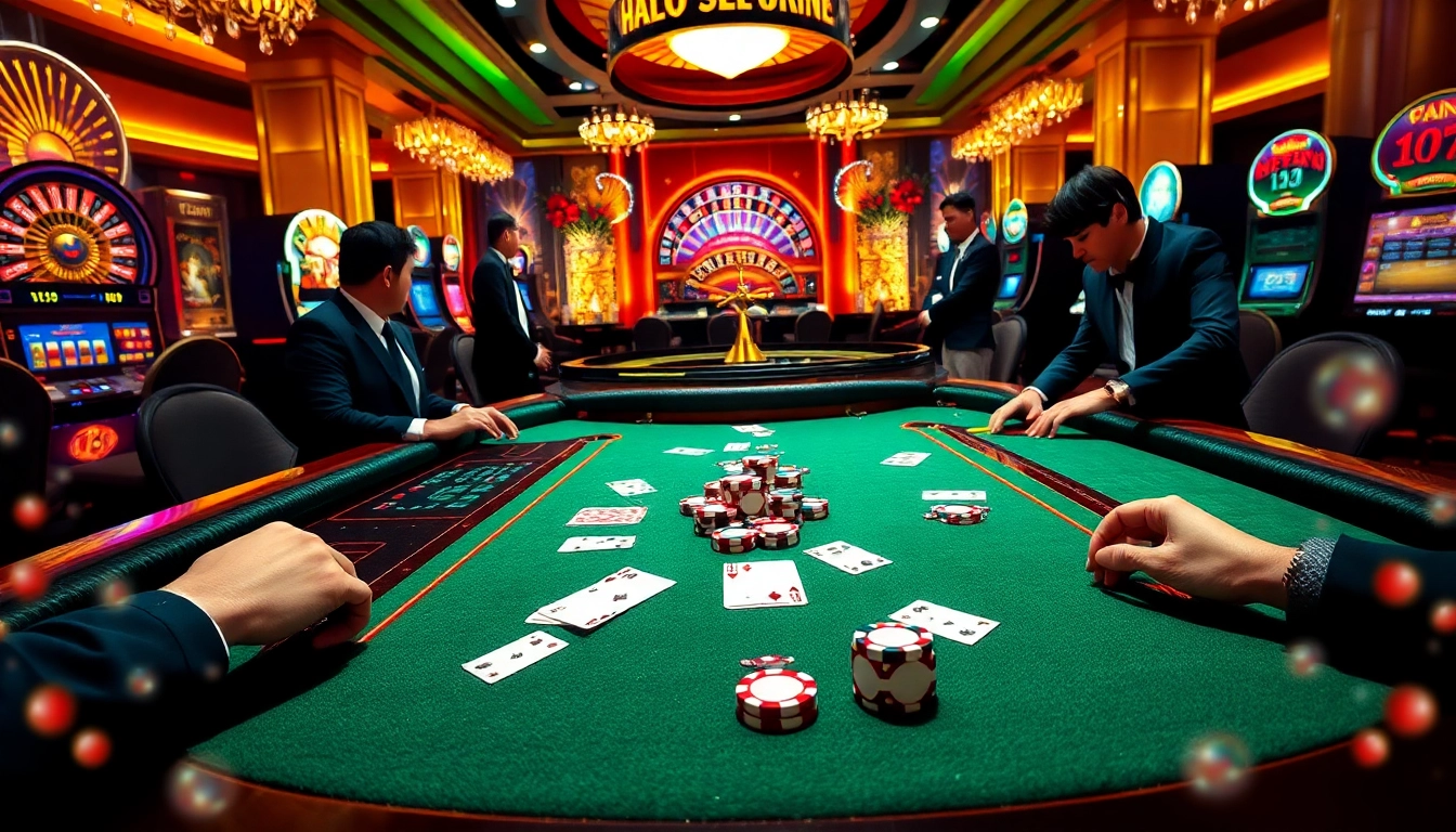 Experience exhilarating gameplay at HZ88, showcasing vibrant casino elements like poker chips and roulette wheels.
