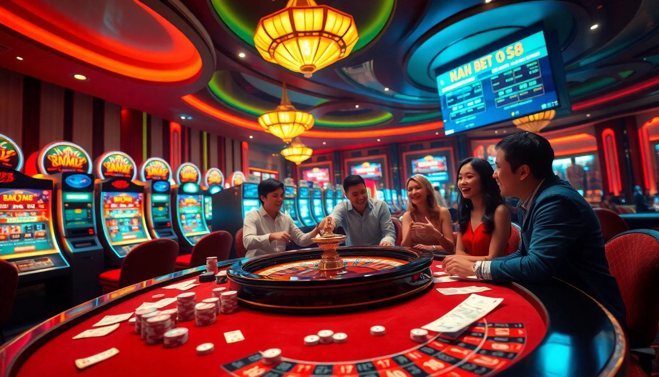 Experience the thrill of Nhà cái S8 with vibrant casino action at the roulette table and slot machines.