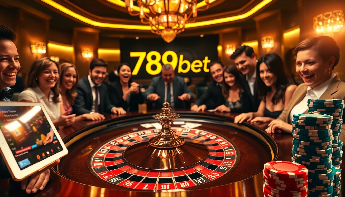 Excited players engaging with a roulette table in a luxurious setting at 789bet casino.