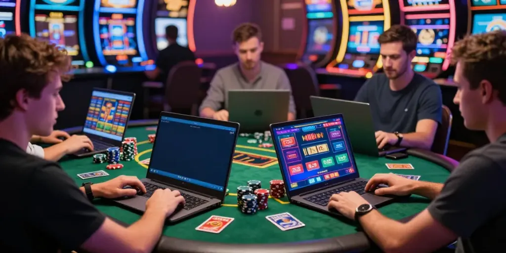 Engaging scene of players enjoying a non gamstop casino experience focused on digital gaming excitement.