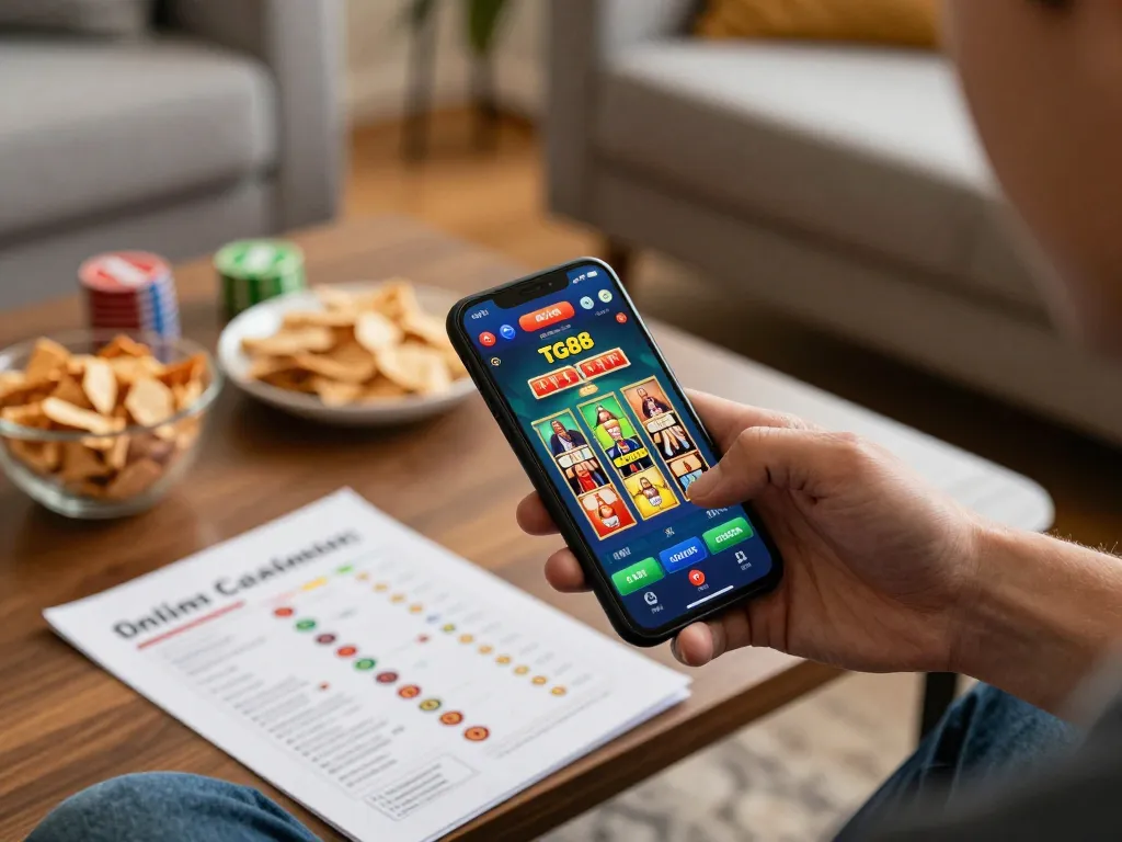 Player engaging with the tg88 casino app during a cozy home gaming session