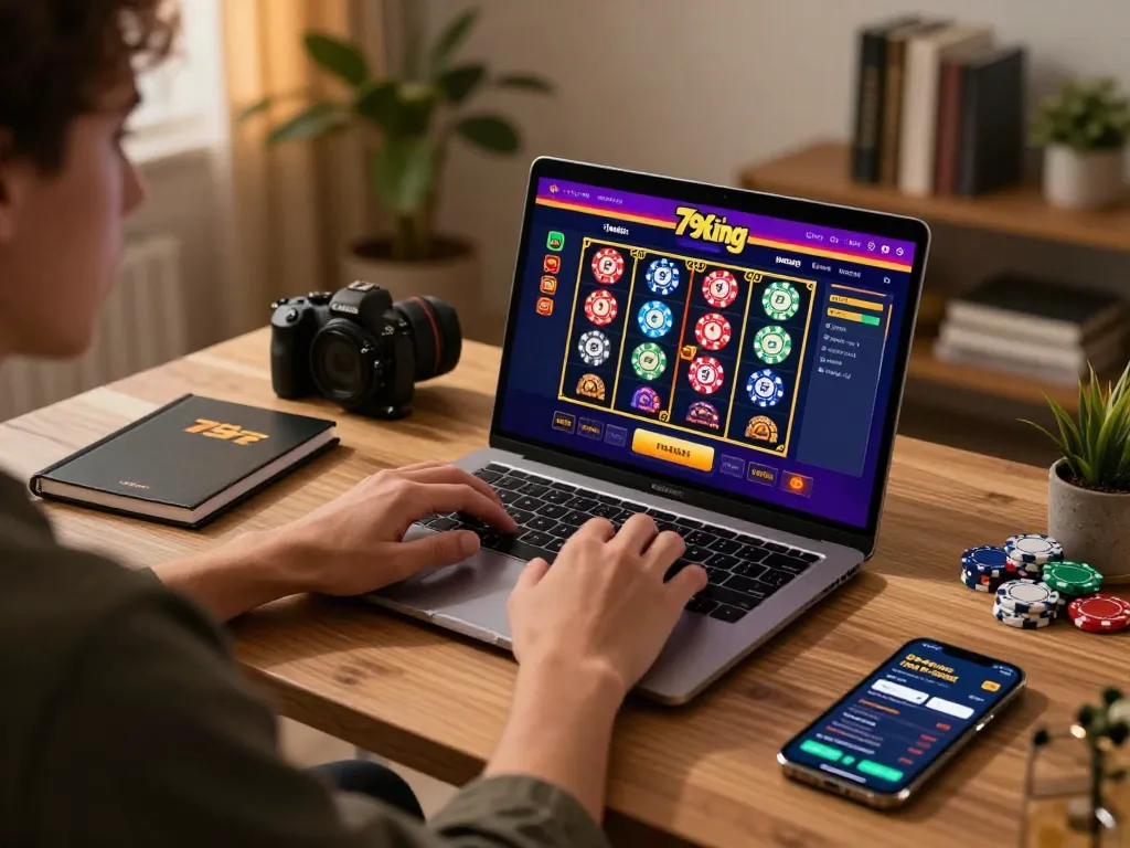 Engaging online gambling scene with 79king casino interface, laptop, and strategy notes.