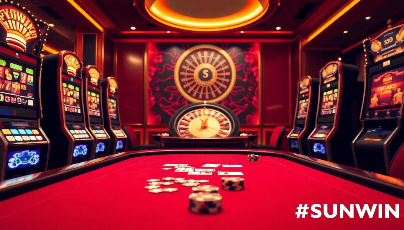 SUNWIN displays an exciting casino atmosphere featuring poker tables, slot machines, and roulette games.