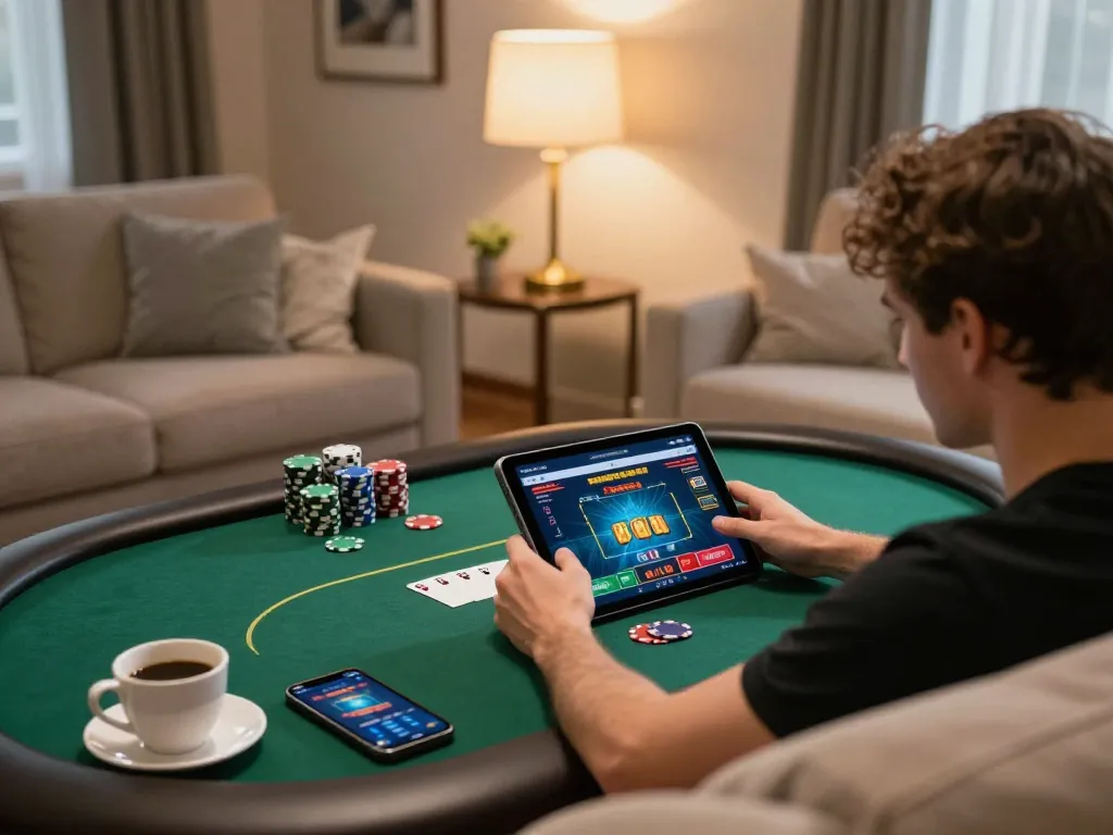 Engaged player on tablet enjoying online poker at home, showcasing Sunwin gaming excitement.