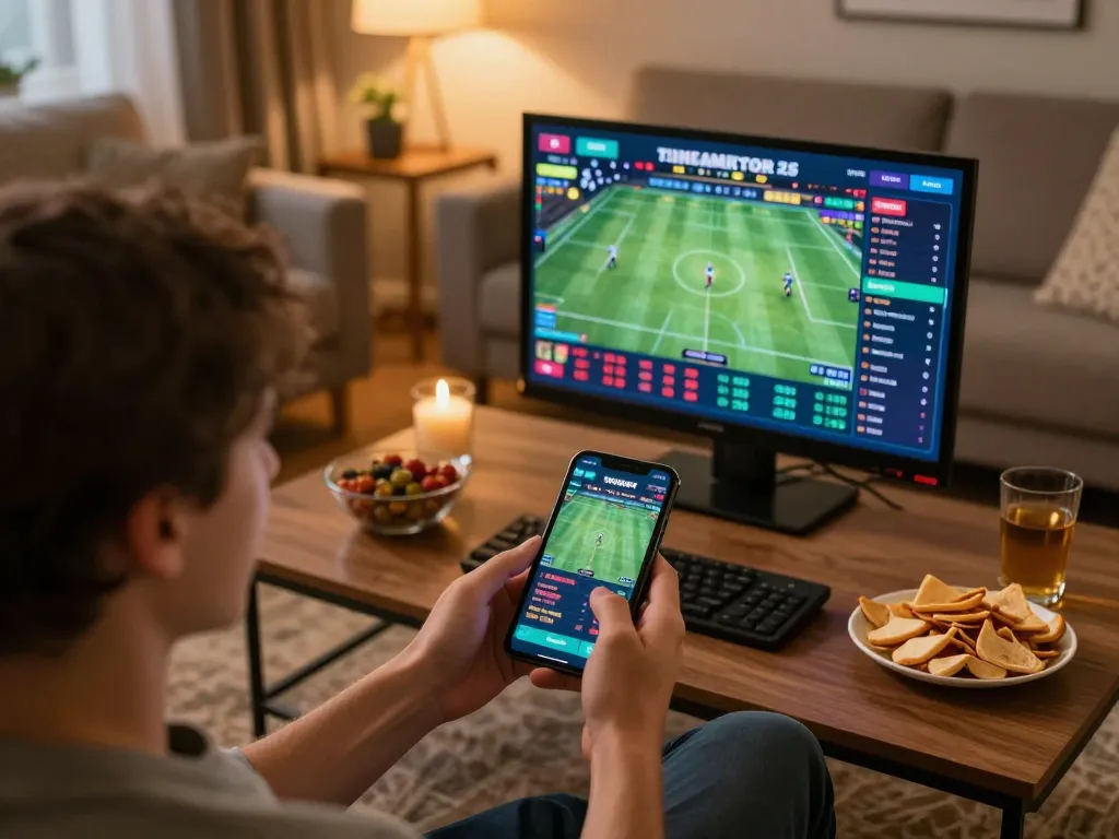 VN88 user placing bets on a mobile app in a cozy home setting, engaging with live sports odds.