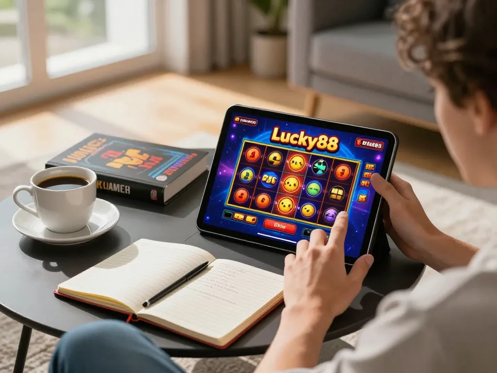 Player engaging with Lucky88 slots on a tablet in a cozy living room, showcasing an immersive online gaming experience.