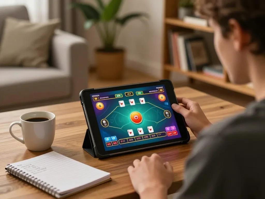 Engaging online gaming experience at https://v788.biz/ on tablet with cozy home backdrop.