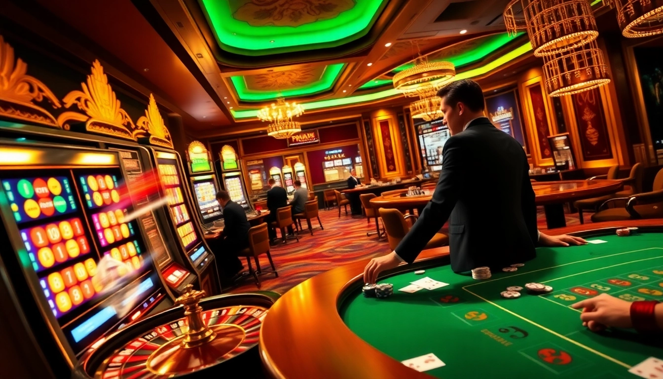 Exciting gaming action showcasing phwin's vibrant online casino ambiance with slot machines and a live dealer.