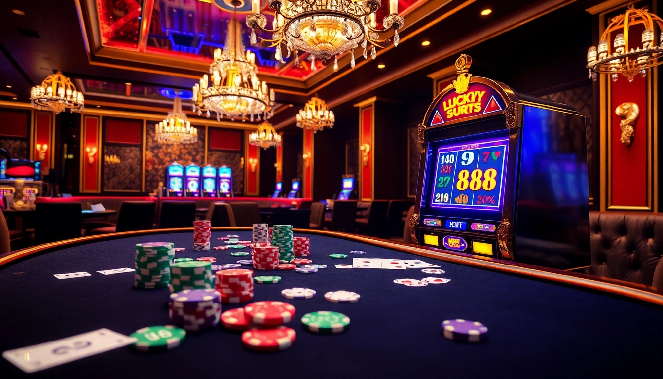 Players enjoying a thrilling moment at the Lucky88 casino with vibrant slot machines and poker tables.