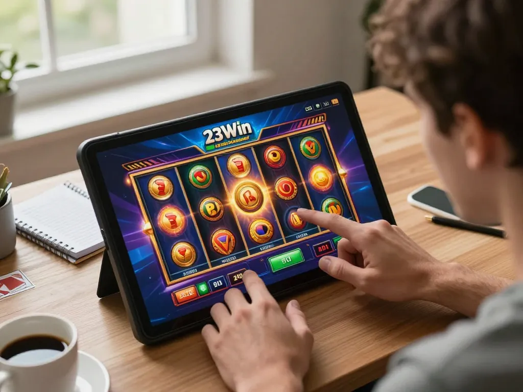 Player using the 23Win app for exciting online slots in a cozy home office.