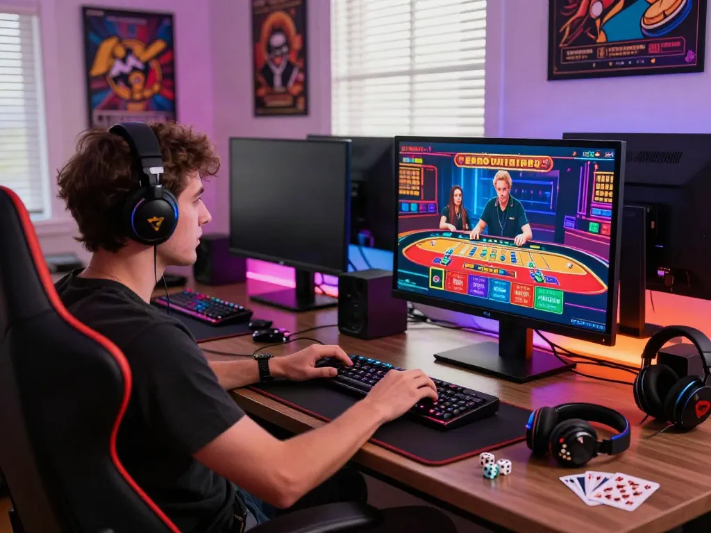 Enthusiast playing at a non Gamstop casino online with vibrant gaming setup