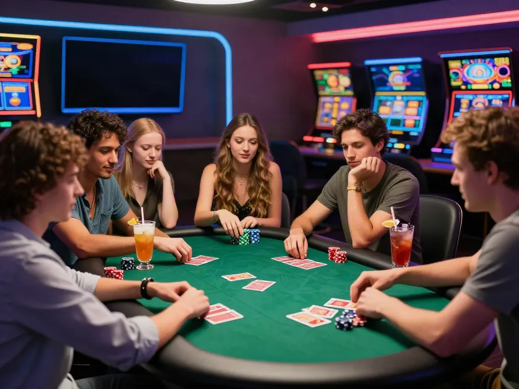 Friends enjoying gaming experience at a non gamstop casino with poker and lively atmosphere.
