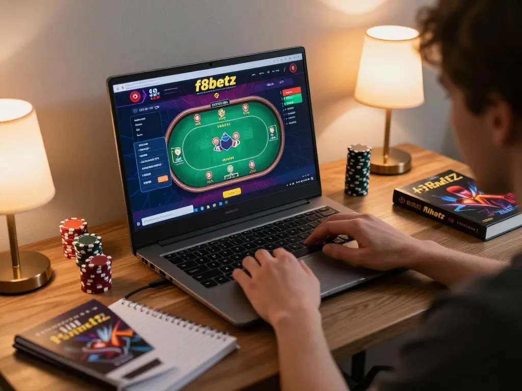 Engaging in responsible online gaming with f8betz on a laptop in a cozy environment
