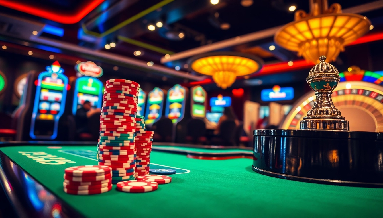 Experience the excitement of gambling at 789win with colorful poker chips and slot machines.