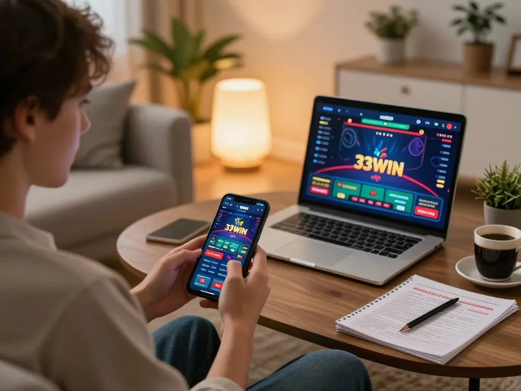 Player engaging with 33WIN mobile casino app on smartphone in cozy home setting.