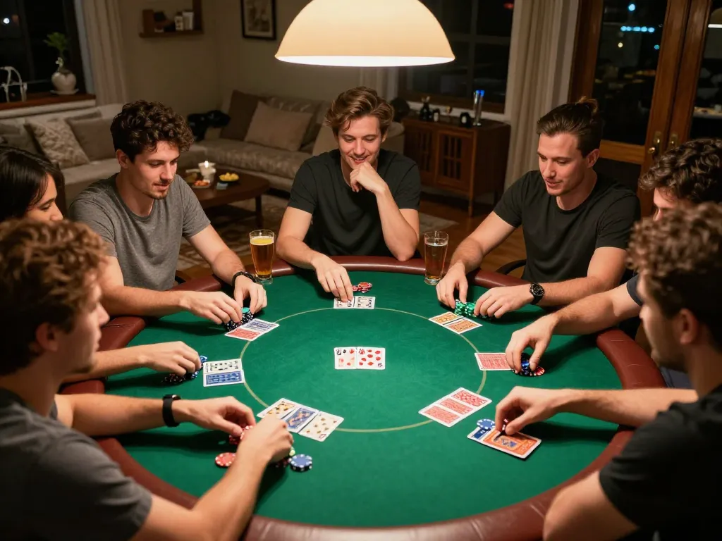 Players placing bets and showing cards in a lively home poker game scene, embodying the thrill of VA88 gaming